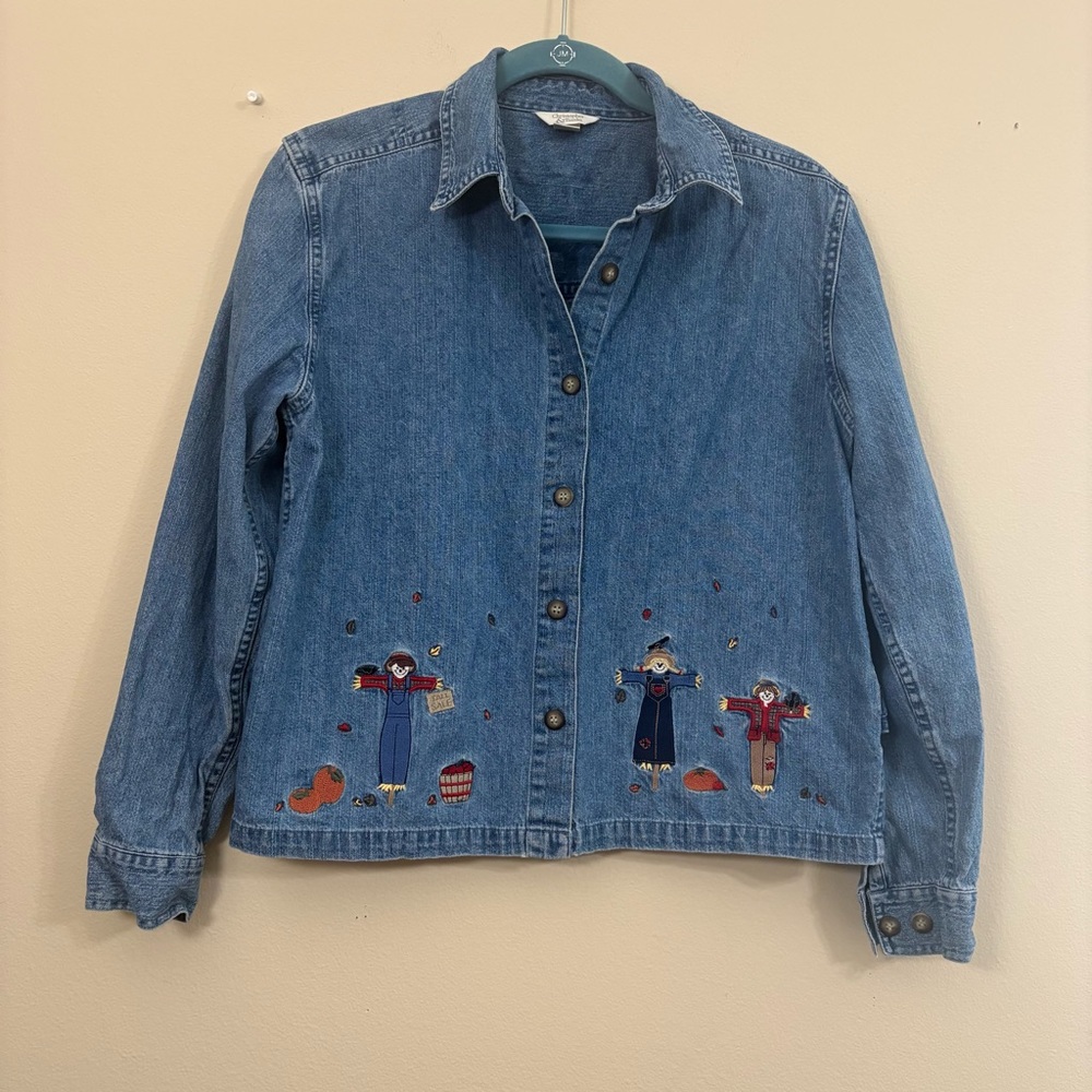 Christopher & Banks Fall Denim Jacket women’s small scarecrows embroidered